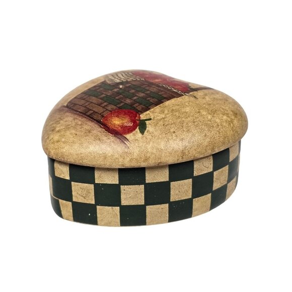Vintage Heart-Shaped Ceramic Trinket Box Apples Basket Country Chic Home Decor - Picture 5 of 7